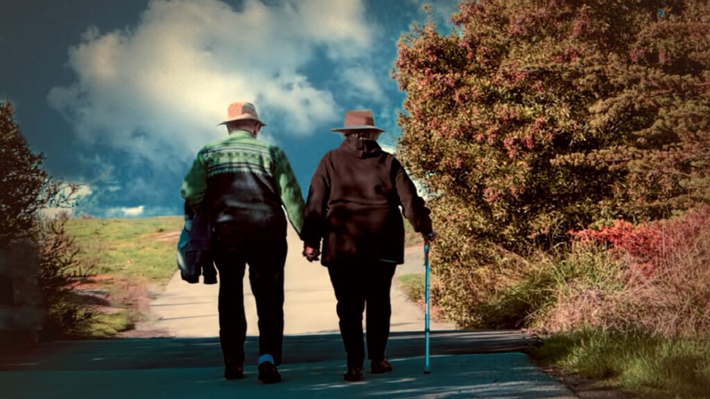 Symbolbild: Älteres Paar spaziert Hand in Hand einen Weg entlang