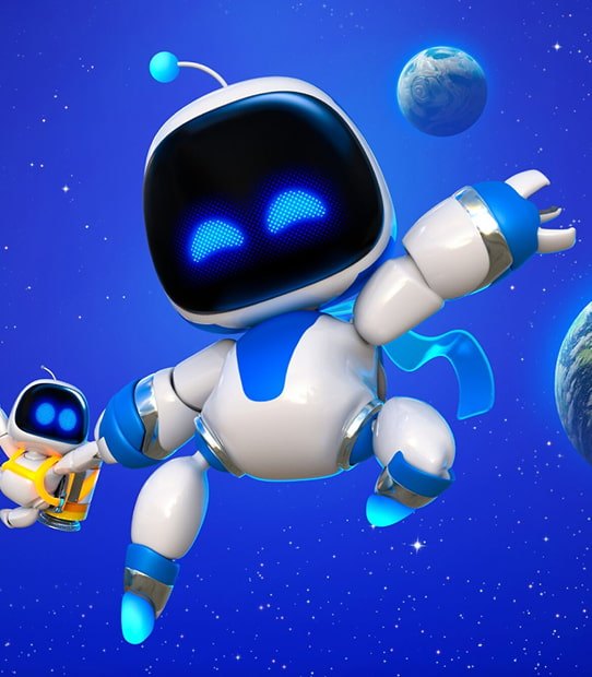 Der Roboter Astro, Hauptfigur von Astro Bot, schwebt im Weltall