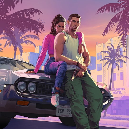 Lucia und Jason, die Hauptfiguren von Grand Theft Auto VI, auf der Motorhaube eines Autos, im Hintergrund Palmen und Hotels von Vice City