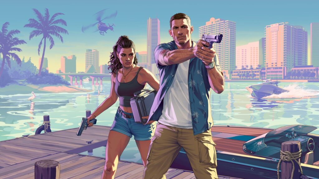 Lucia Caminos und Jason Duval vor der Skyline von Vice City (Grand Theft Auto VI)
