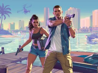 Lucia Caminos und Jason Duval vor der Skyline von Vice City (Grand Theft Auto VI)