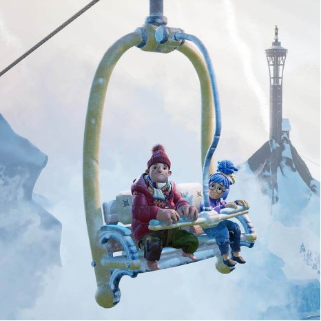 Zwei Spielfiguren aus It Takes Two in einem Sessellift vor verschneiten Bergen