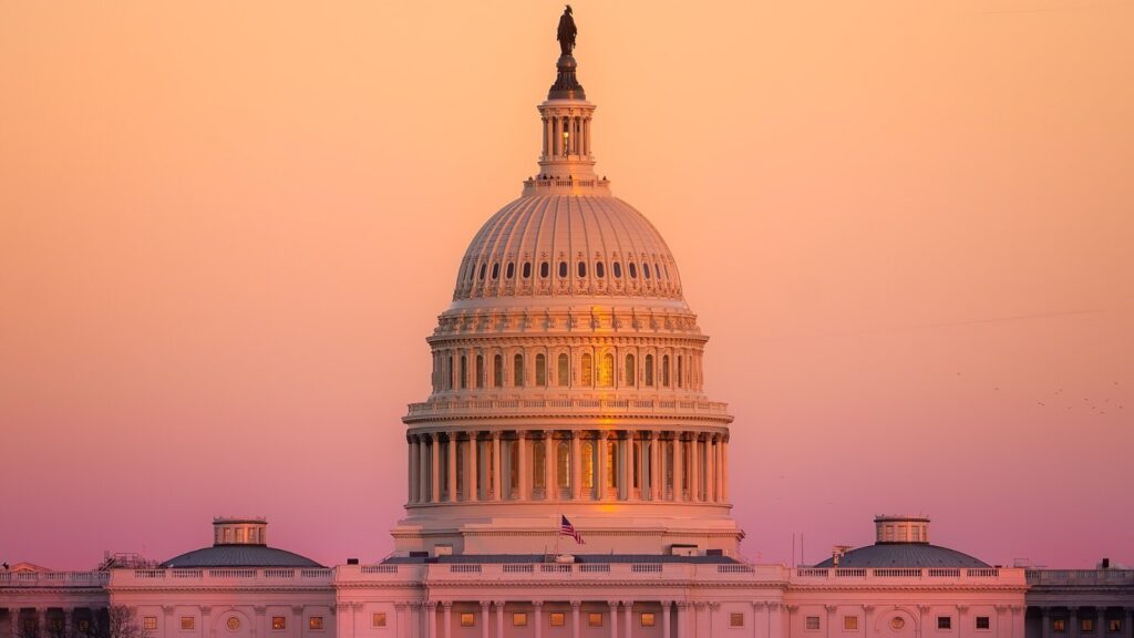 Die Kuppel des Kapitols in Washington im Abendlicht