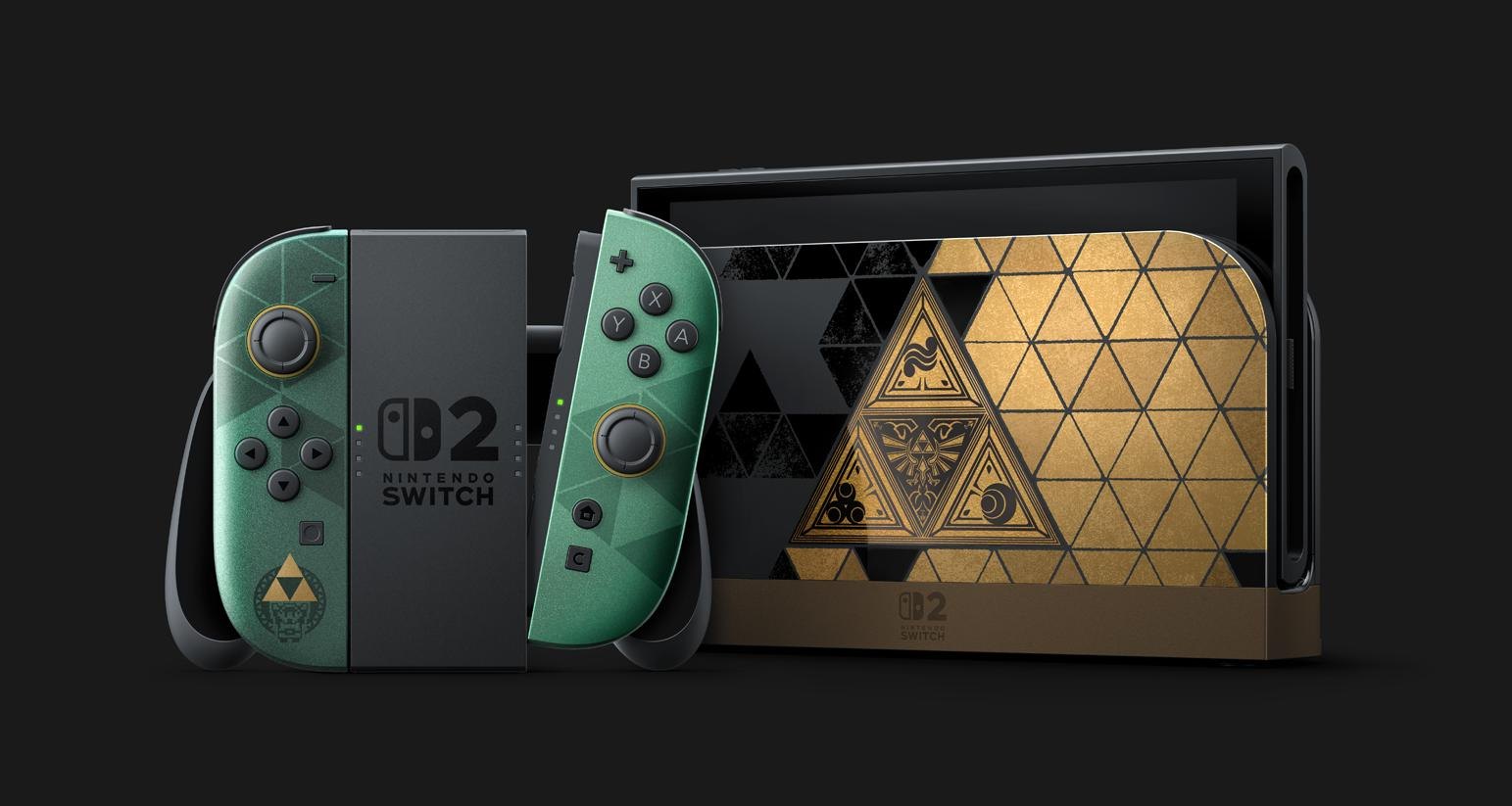 Die Nintendo Switch 2 in der Zelda-Edition: grüne Joy-Con mit Triforce-Symbol und eine Dockingstation in Schwarz und Gold mit Triforce-Muster