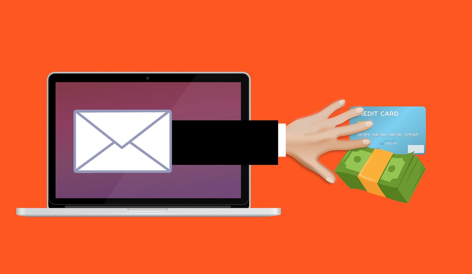 Illustration eines Laptops mit E-Mail-Symbol, Symbolbild für Betrug per E-Mail