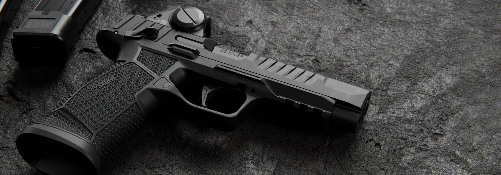 Nahaufnahme der SIG Sauer P385 mit Leuchtpunktvisier und Magazin