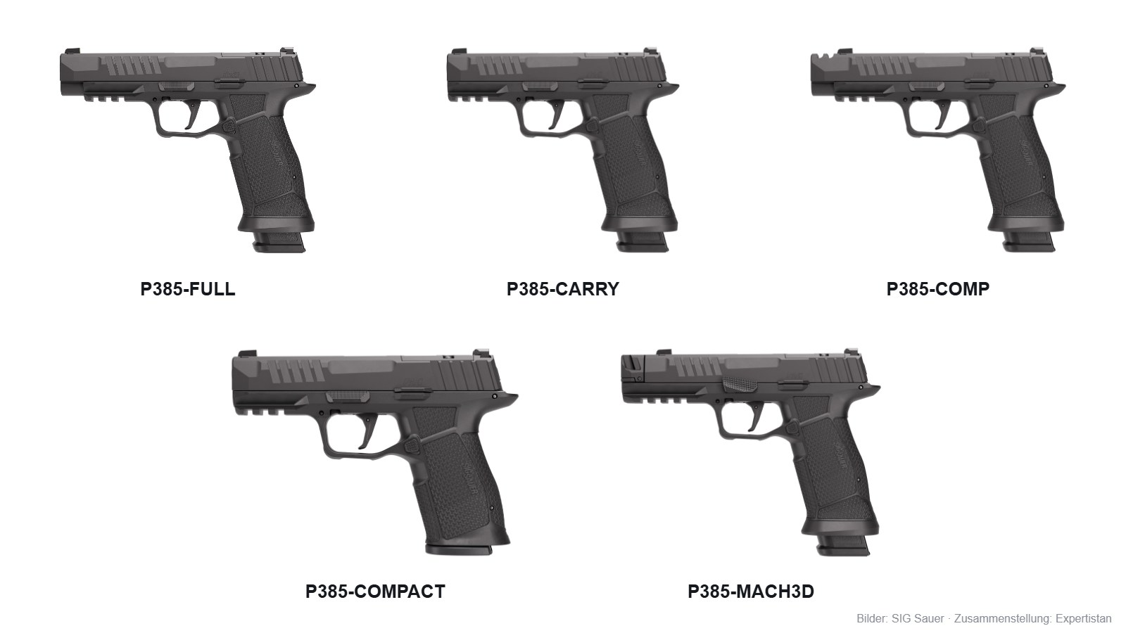 Die fünf Modelle der SIG Sauer P385 nebeneinander