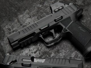 SIG Sauer P385 Pistole mit Leuchtpunktvisier auf dunklem Stein