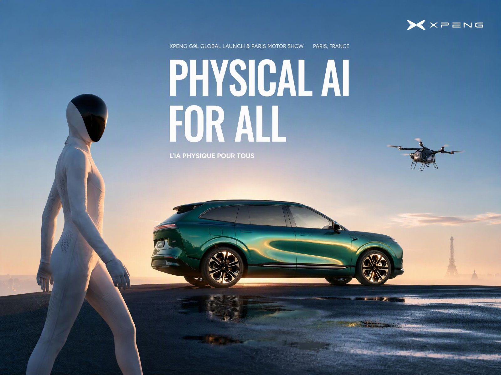Werbemotiv «Physical AI for all» mit dem Roboter IRON, einem Fluggerät und dem G9L